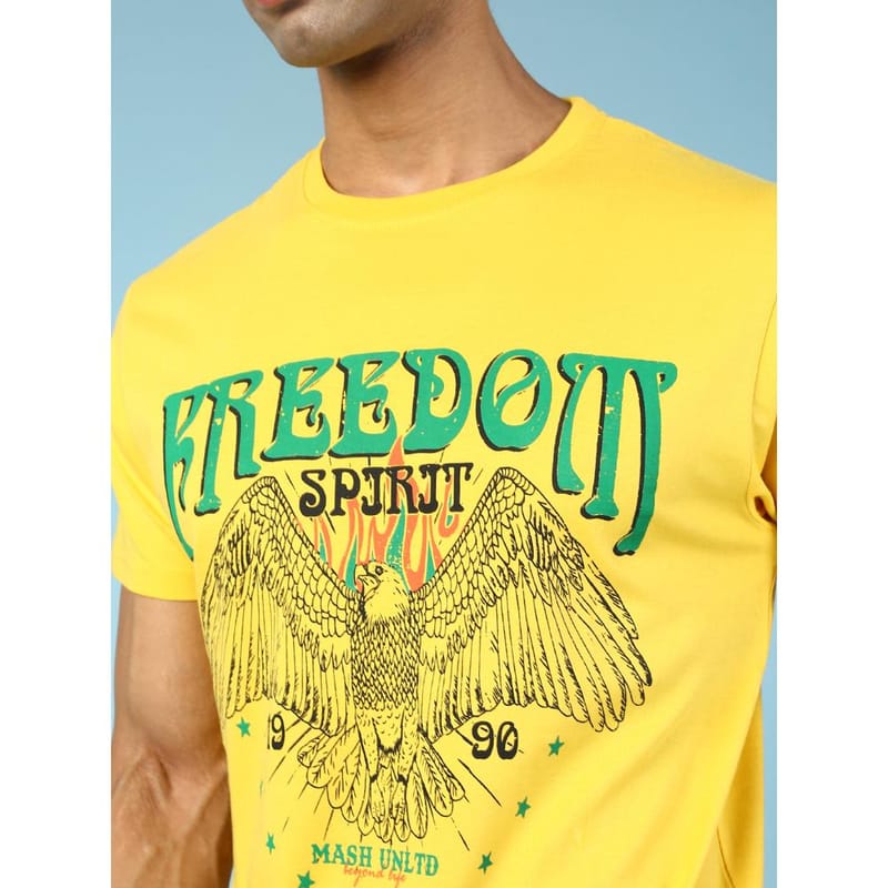 MASH UNLIMITED Mens Round neck Short Sleeve Graphic Printed Yellow Thirt