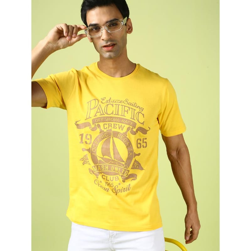 MASH UNLIMITED Mens Round neck Short Sleeve Graphic Printed Yellow Thirt