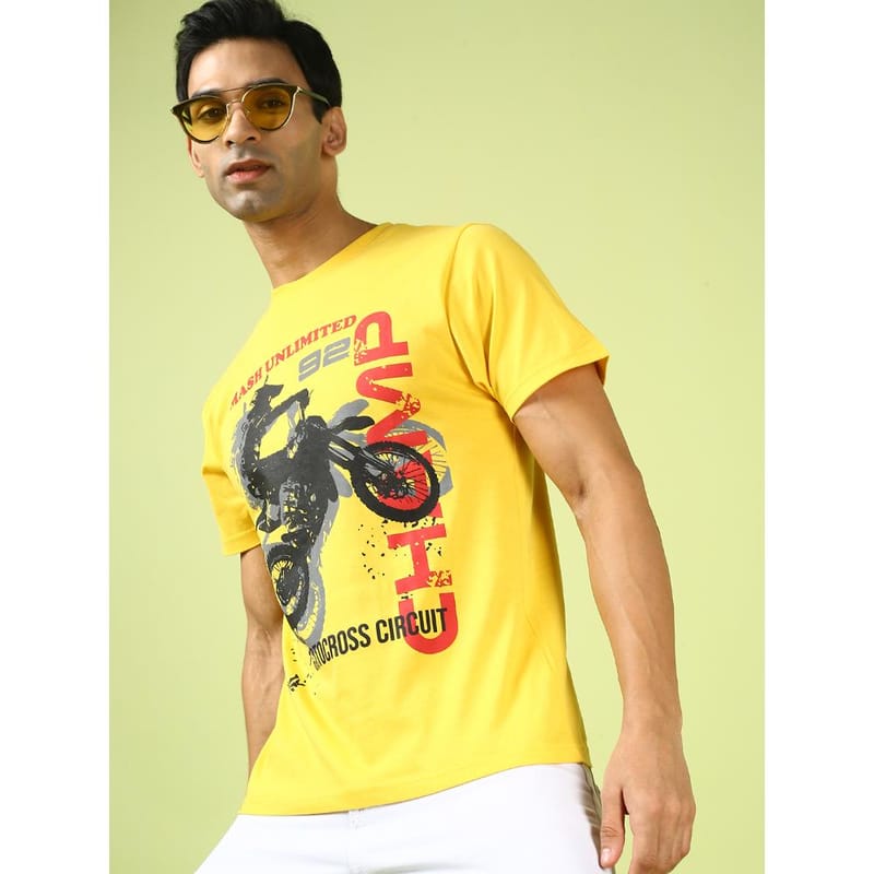 MASH UNLIMITED Mens Round neck Short Sleeve Graphic Printed Yellow Thirt