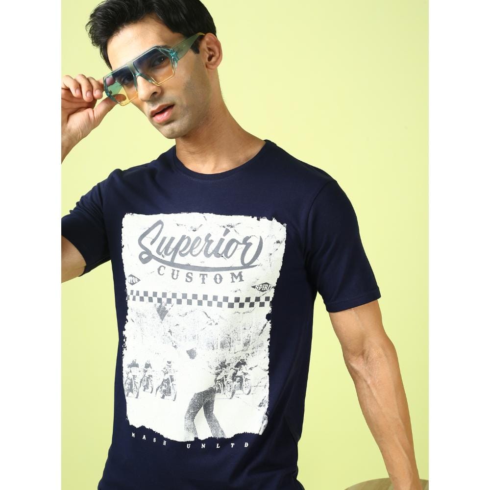 MASH UNLIMITED Mens Round neck Short Sleeve Graphic Printed Navy Thirt