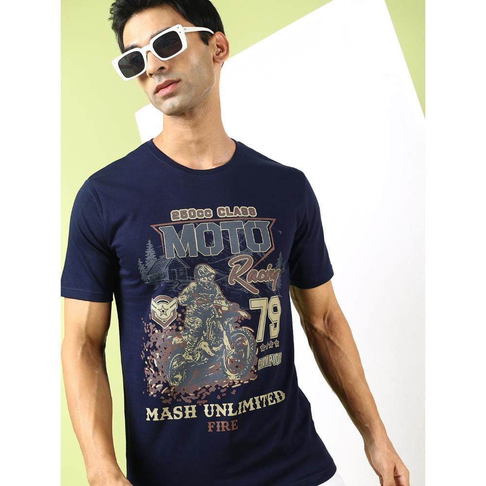 MASH UNLIMITED Mens Round neck Short Sleeve Graphic Printed Navy Thirt