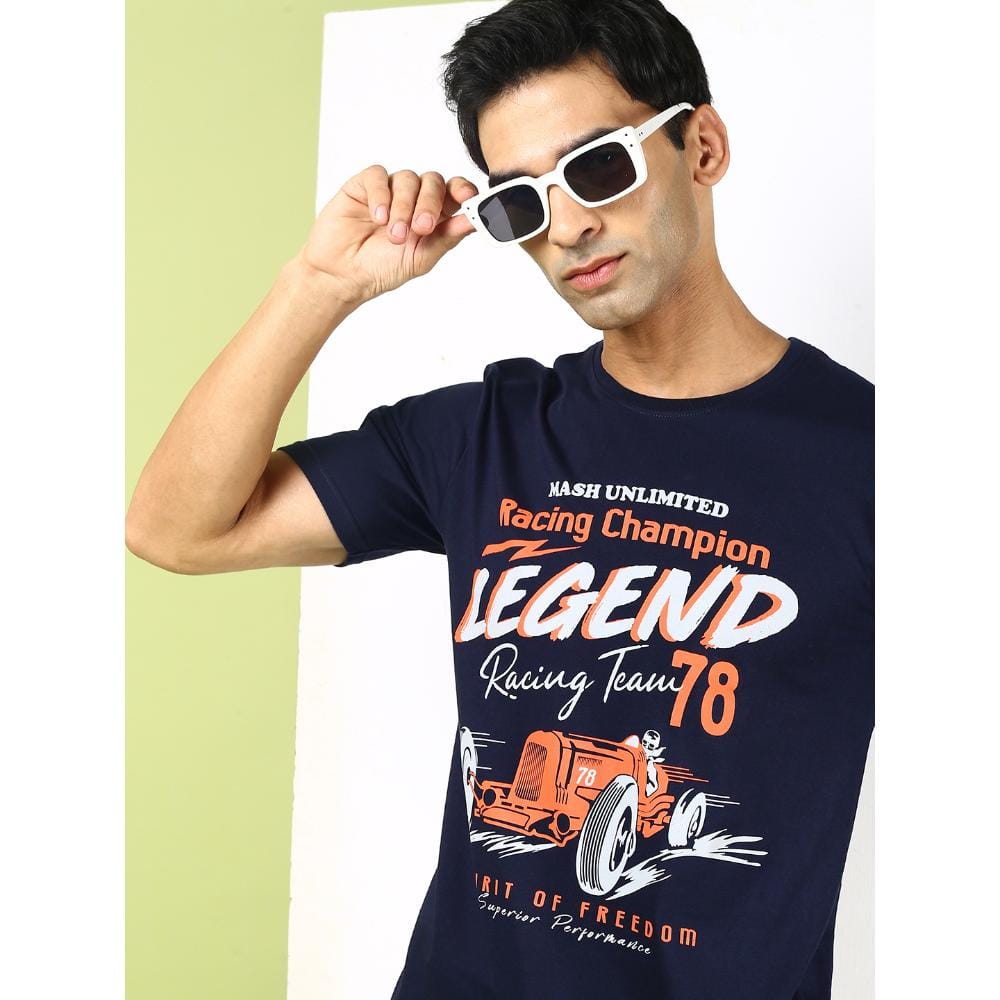 MASH UNLIMITED Mens Round neck Short Sleeve Graphic Printed Navy Thirt