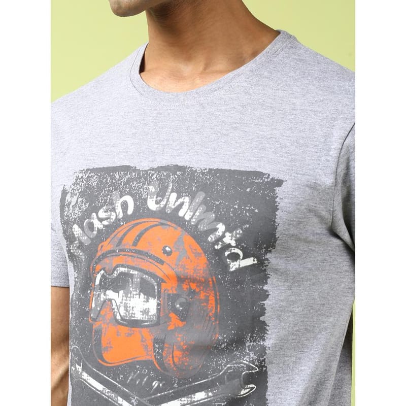 MASH UNLIMITED Mens Round neck Short Sleeve Graphic Printed Grey Melange Thirt