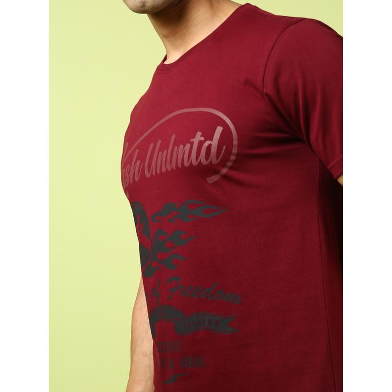 MASH UNLIMITED Mens Round neck Short Sleeve Graphic Printed Maroon Thirt