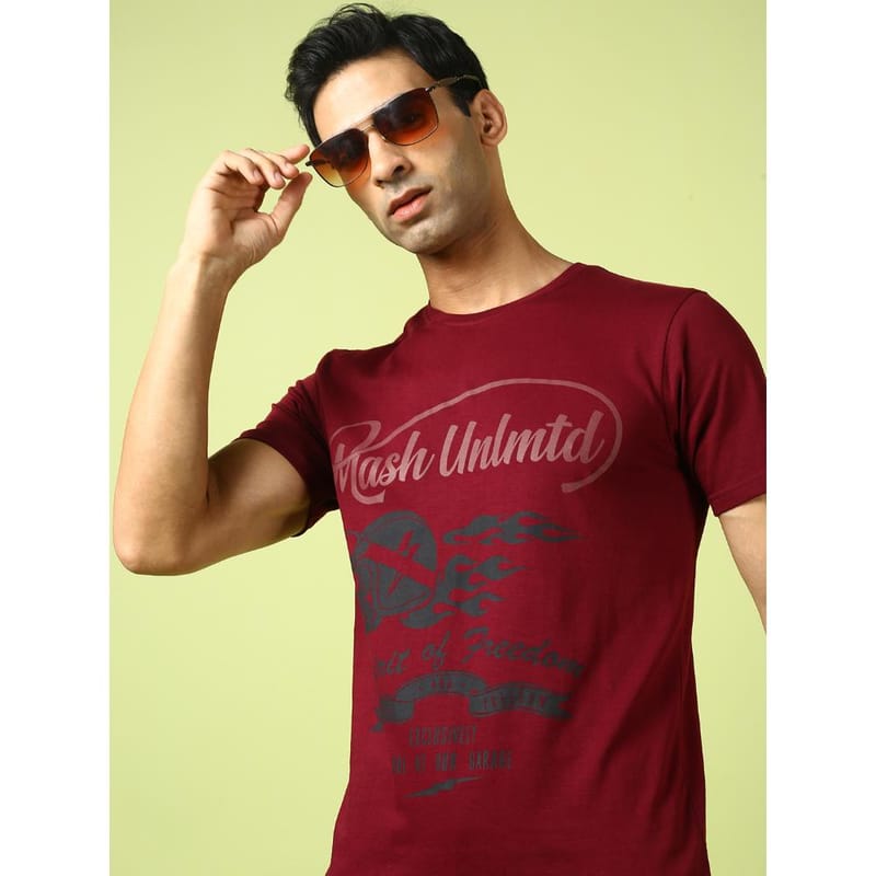 MASH UNLIMITED Mens Round neck Short Sleeve Graphic Printed Maroon Thirt