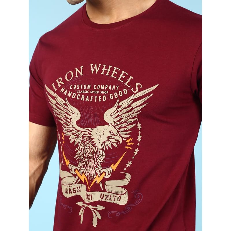 MASH UNLIMITED Mens Round neck Short Sleeve Graphic Printed Maroon Thirt