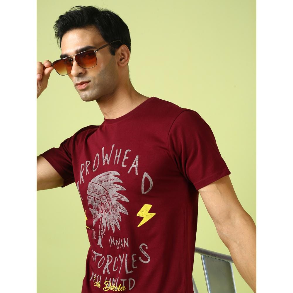 MASH UNLIMITED Mens Round neck Short Sleeve Graphic Printed Maroon Thirt