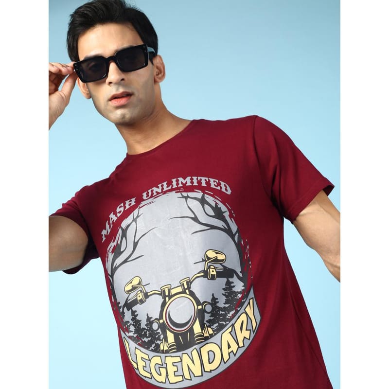 MASH UNLIMITED Mens Round neck Short Sleeve Graphic Printed Maroon Thirt