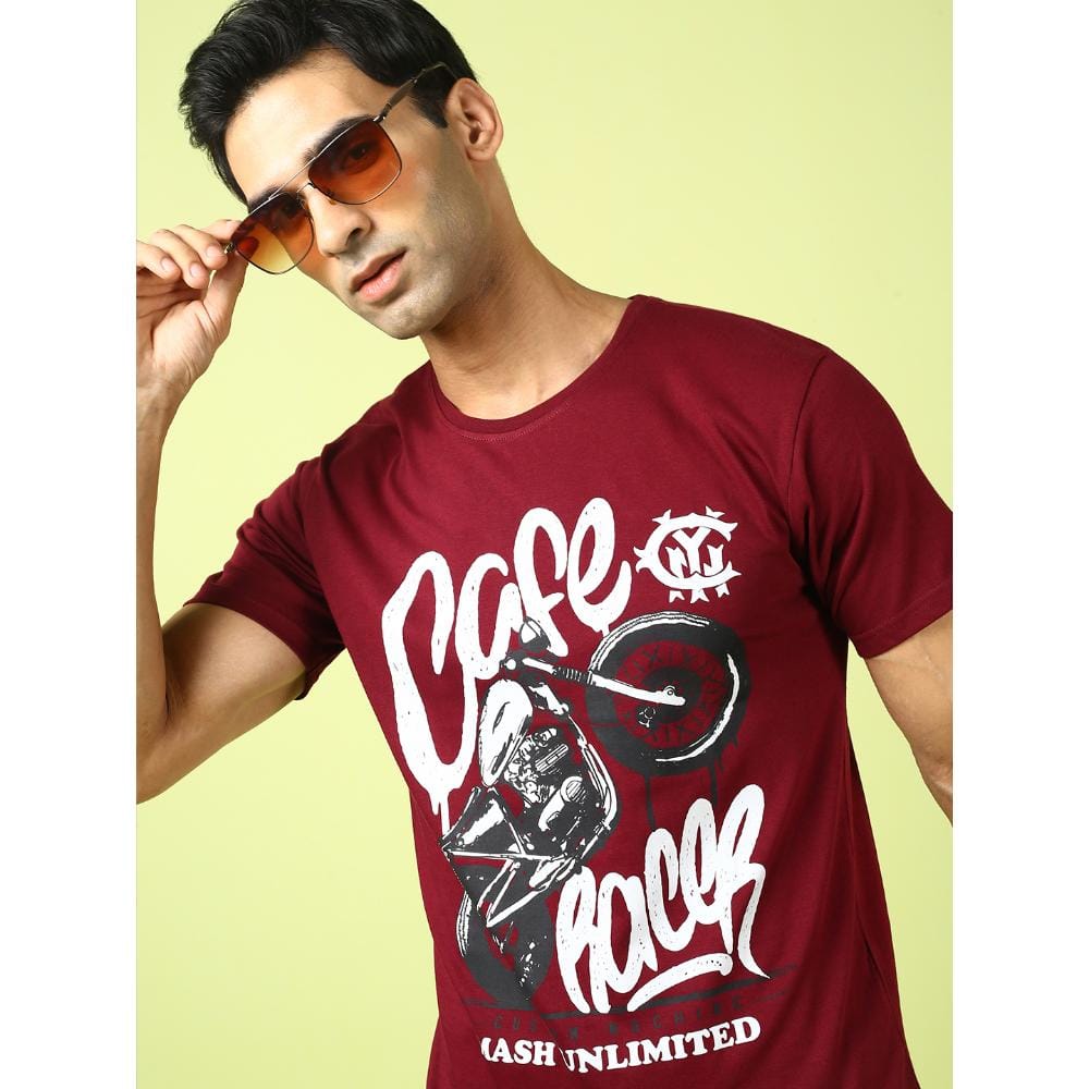 MASH UNLIMITED Mens Round neck Short Sleeve Graphic Printed Maroon Thirt