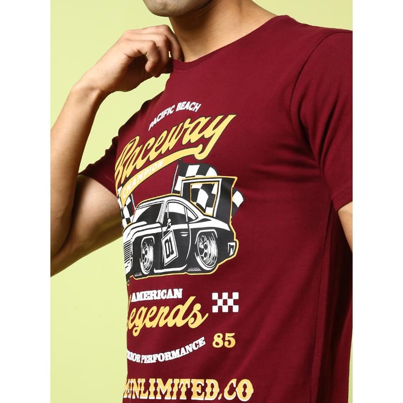 MASH UNLIMITED Mens Round neck Short Sleeve Graphic Printed Maroon Thirt