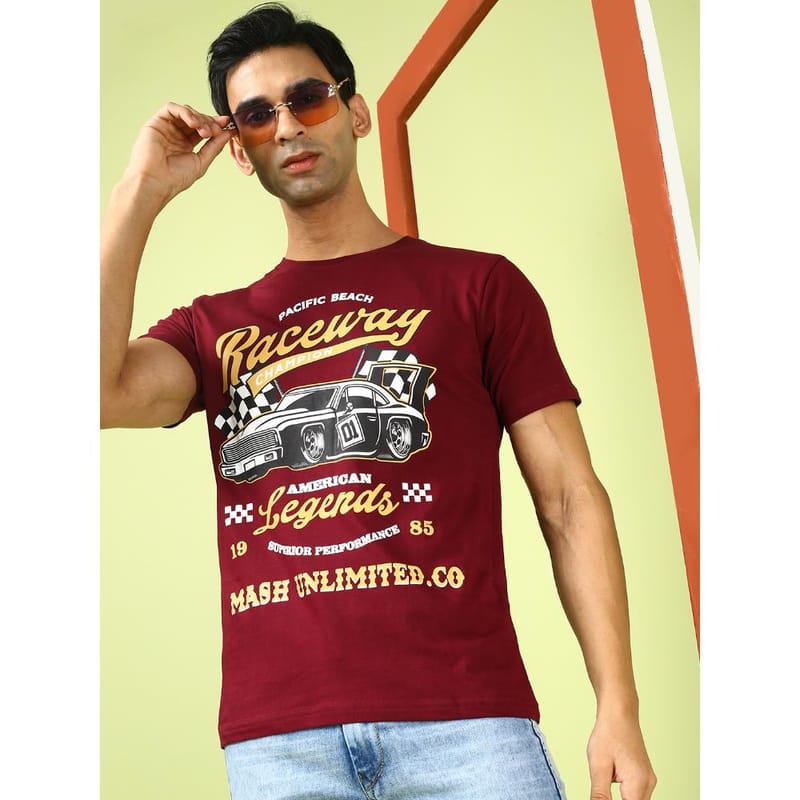 MASH UNLIMITED Mens Round neck Short Sleeve Graphic Printed Maroon Thirt