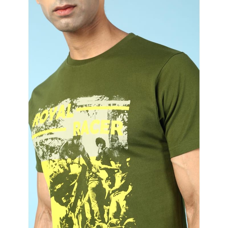 MASH UNLIMITED Mens Round neck Short Sleeve Graphic Printed Olive Thirt