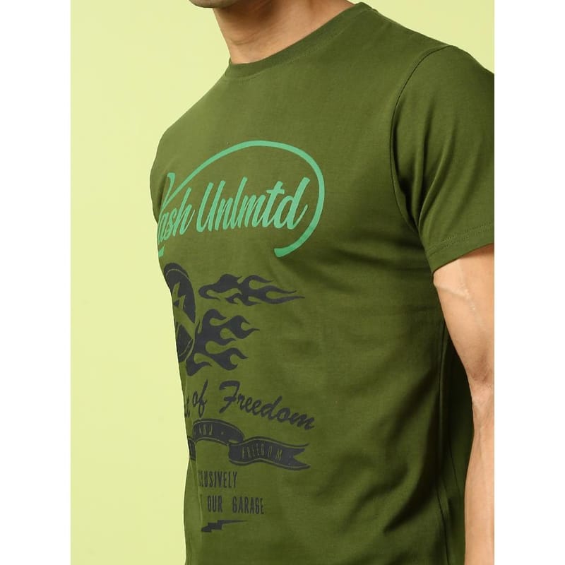 MASH UNLIMITED Mens Round neck Short Sleeve Graphic Printed Olive Thirt