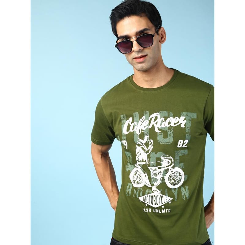 MASH UNLIMITED Mens Round neck Short Sleeve Graphic Printed Olive Thirt