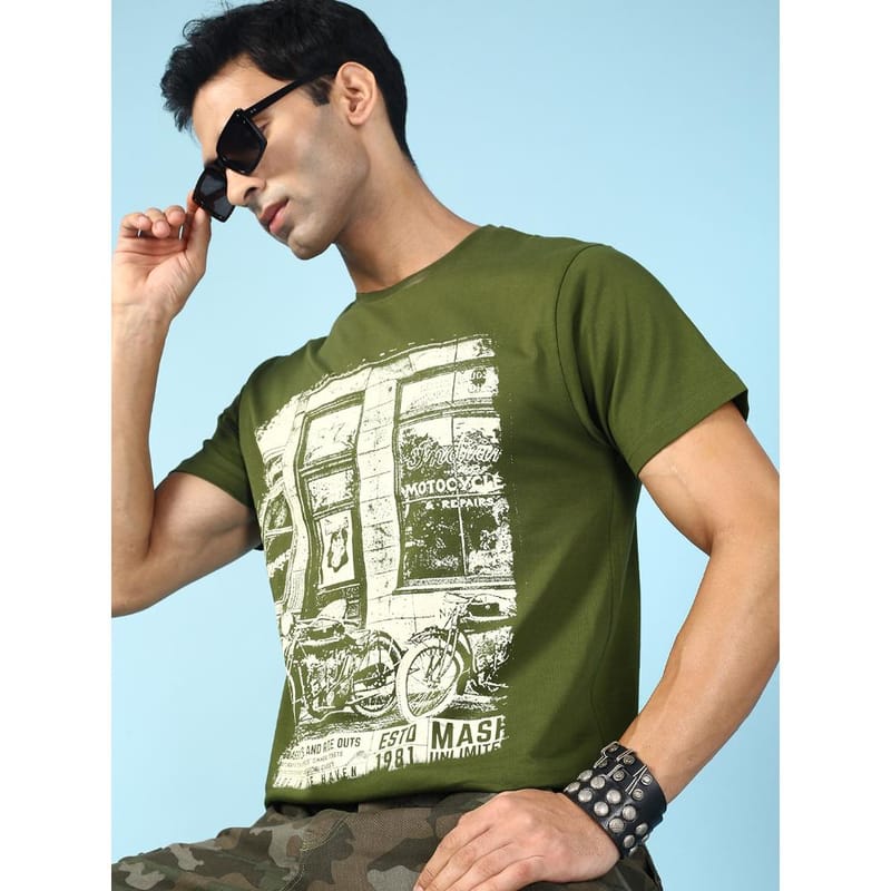 MASH UNLIMITED Mens Round neck Short Sleeve Graphic Printed Olive Thirt