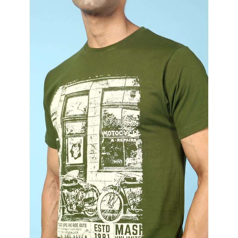 MASH UNLIMITED Mens Round neck Short Sleeve Graphic Printed Olive Thirt