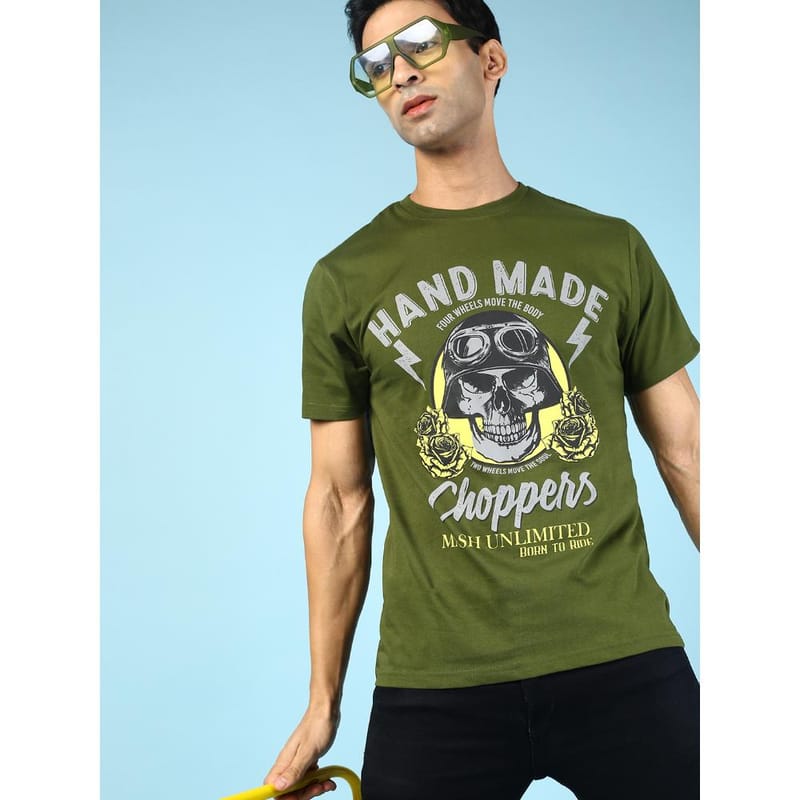 MASH UNLIMITED Mens Round neck Short Sleeve Graphic Printed Olive Thirt