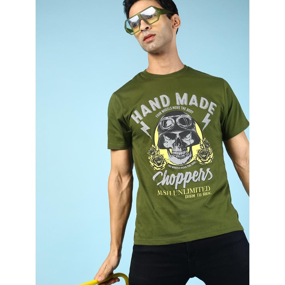 MASH UNLIMITED Mens Round neck Short Sleeve Graphic Printed Olive Thirt