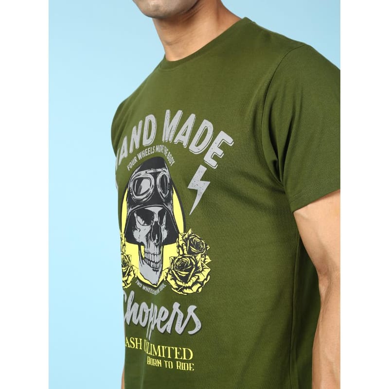 MASH UNLIMITED Mens Round neck Short Sleeve Graphic Printed Olive Thirt