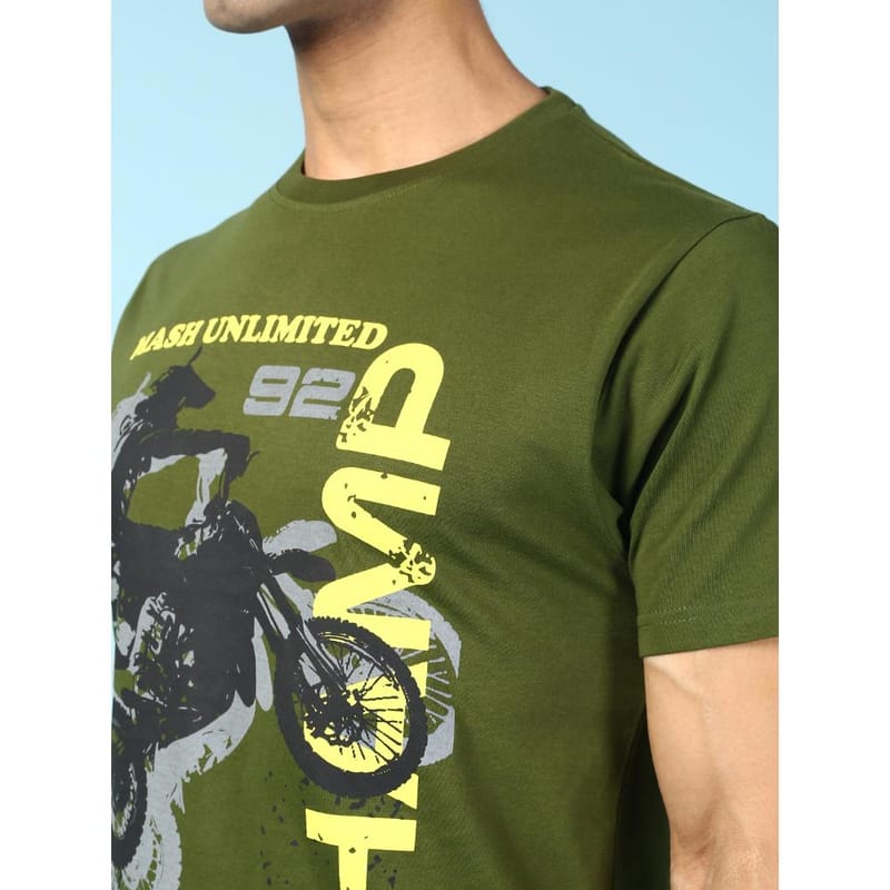 MASH UNLIMITED Mens Round neck Short Sleeve Graphic Printed Olive Thirt