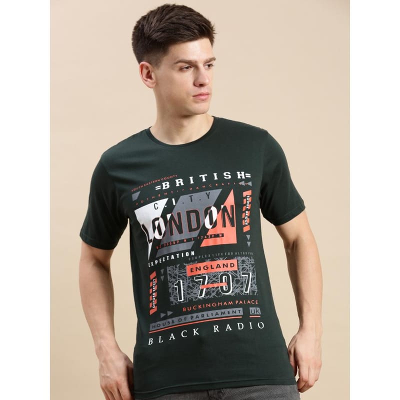 BLACK RADIO Mens Round neck Short Sleeve Graphic Printed Steal Green T-Shirt