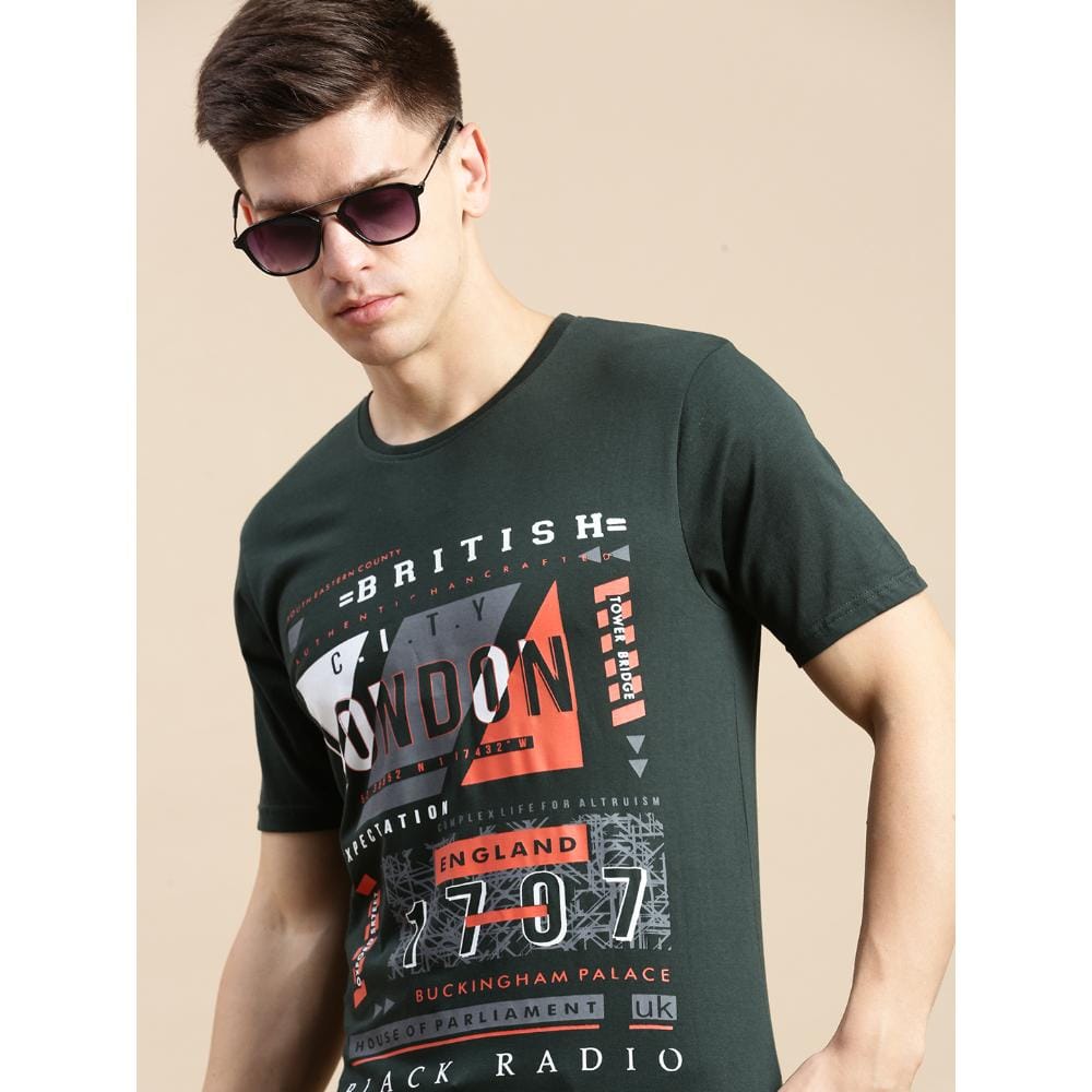 BLACK RADIO Mens Round neck Short Sleeve Graphic Printed Steal Green T-Shirt