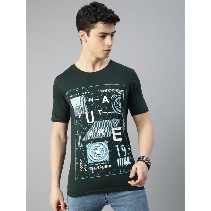 BLACK RADIO Mens Round neck Short Sleeve Graphic Printed Steal Green T-Shirt