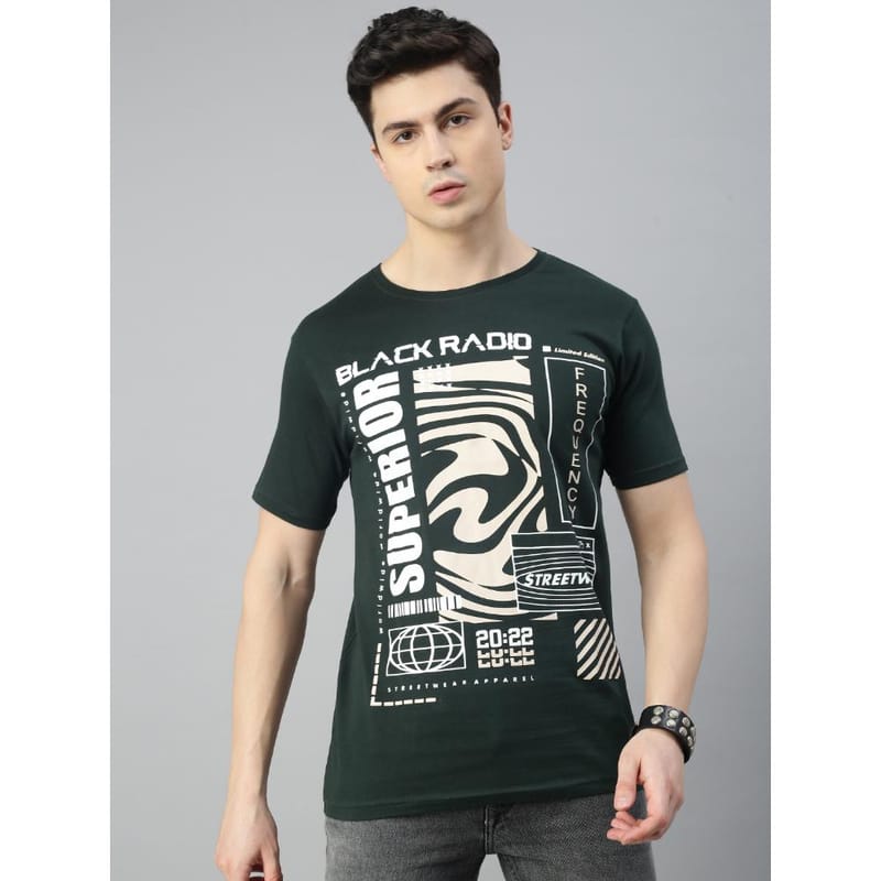 BLACK RADIO Mens Round neck Short Sleeve Graphic Printed Steal Green T-Shirt