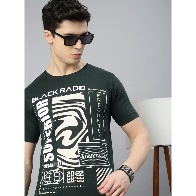 BLACK RADIO Mens Round neck Short Sleeve Graphic Printed Steal Green T-Shirt