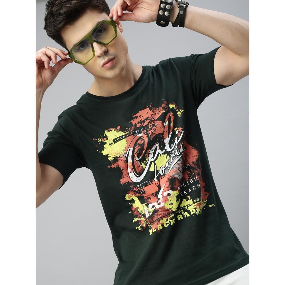 BLACK RADIO Mens Round neck Short Sleeve Graphic Printed Steal Green T-Shirt