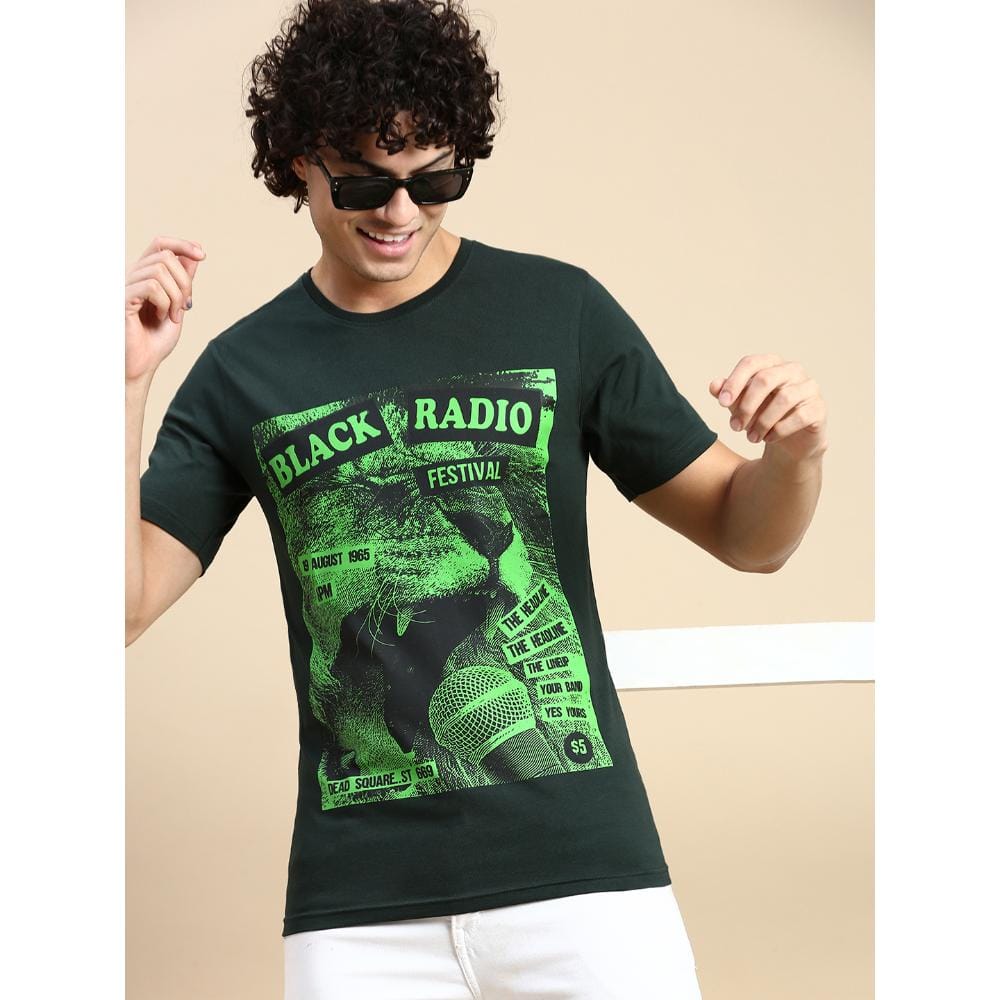 BLACK RADIO Mens Round neck Short Sleeve Graphic Printed Steal Green T-Shirt