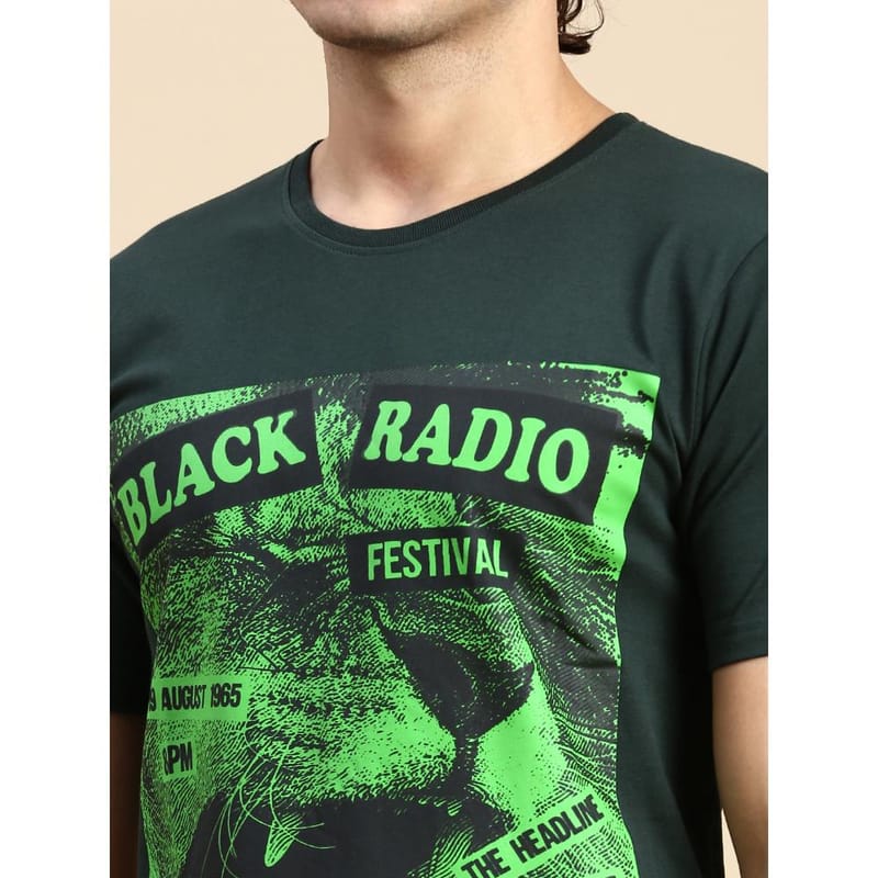 BLACK RADIO Mens Round neck Short Sleeve Graphic Printed Steal Green T-Shirt