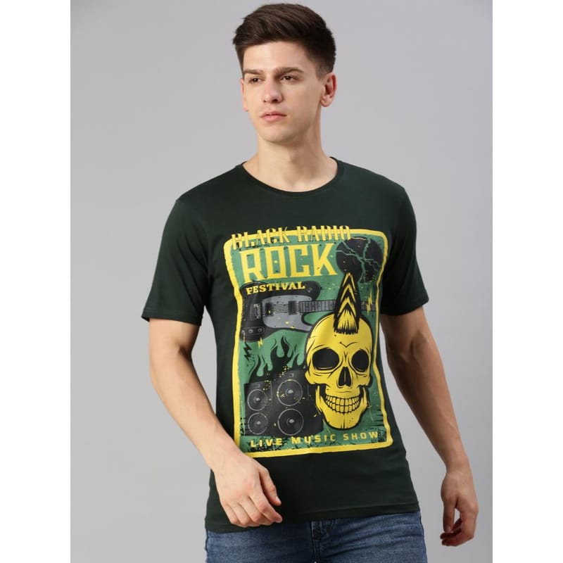 BLACK RADIO Mens Round neck Short Sleeve Graphic Printed Steal Green T-Shirt