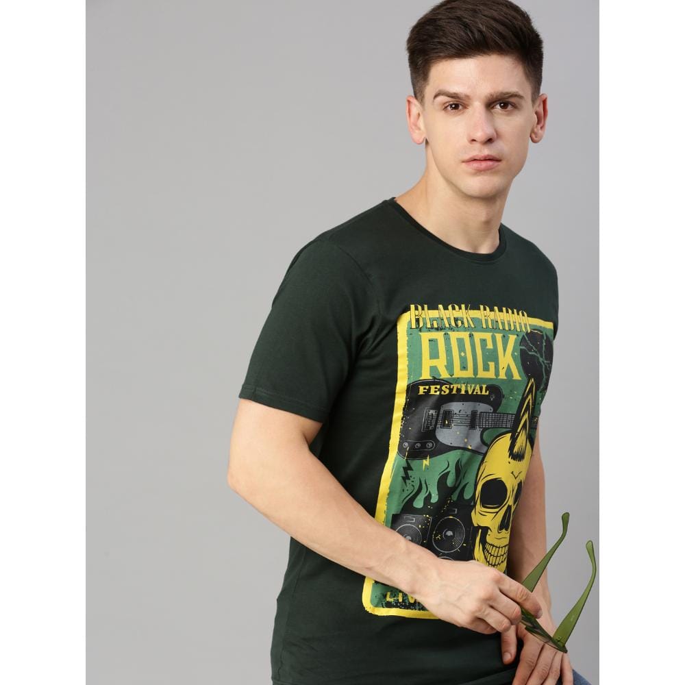 BLACK RADIO Mens Round neck Short Sleeve Graphic Printed Steal Green T-Shirt