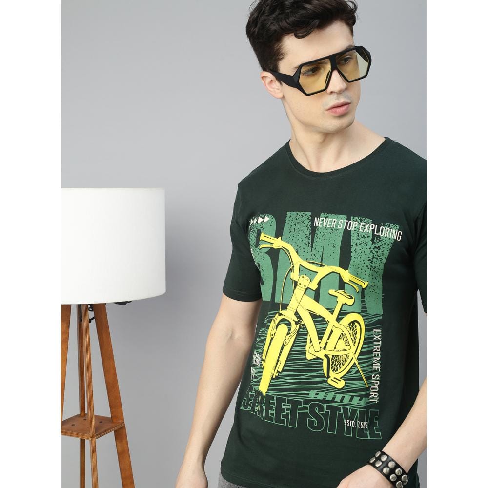 BLACK RADIO Mens Round neck Short Sleeve Graphic Printed Steal Green T-Shirt