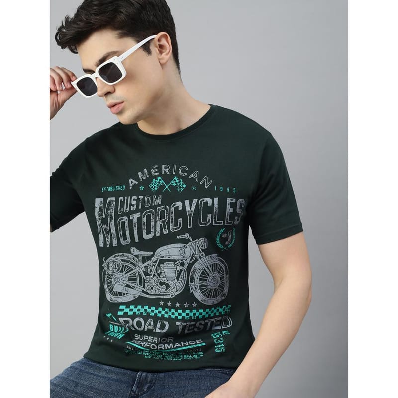 BLACK RADIO Mens Round neck Short Sleeve Graphic Printed Steal Green T-Shirt