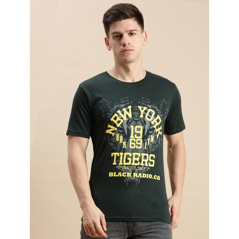 BLACK RADIO Mens Round neck Short Sleeve Graphic Printed Steal Green T-Shirt