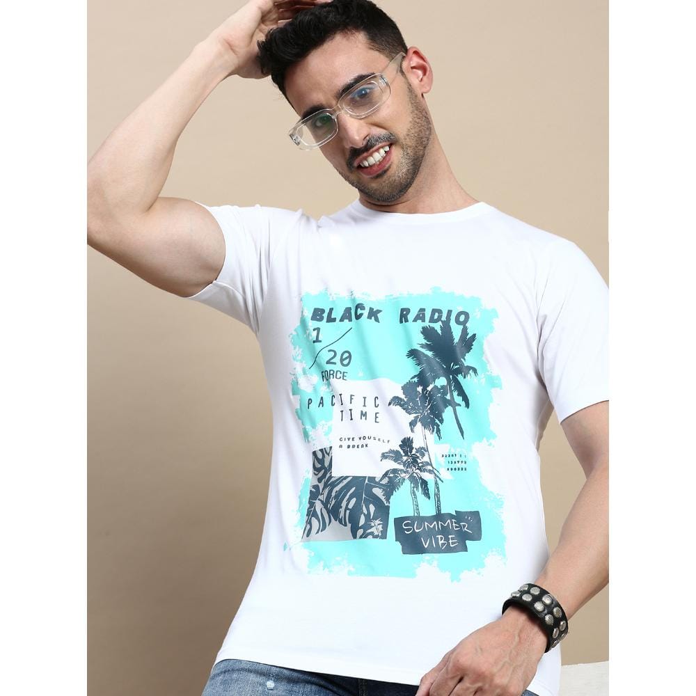 BLACK RADIO Mens Round neck Short Sleeve Graphic Printed White T-Shirt