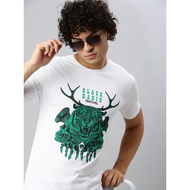 BLACK RADIO Mens Round neck Short Sleeve Graphic Printed White T-Shirt