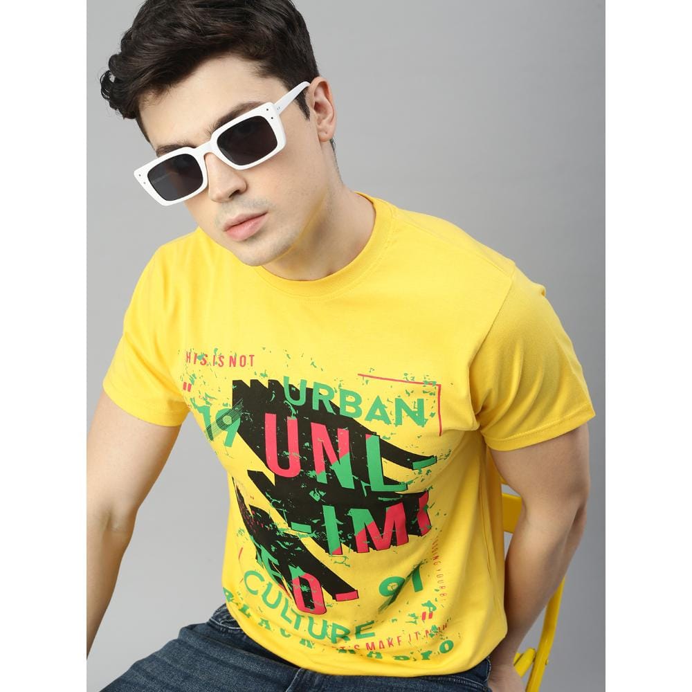 BLACK RADIO Mens Round neck Short Sleeve Graphic Printed Yellow T-Shirt