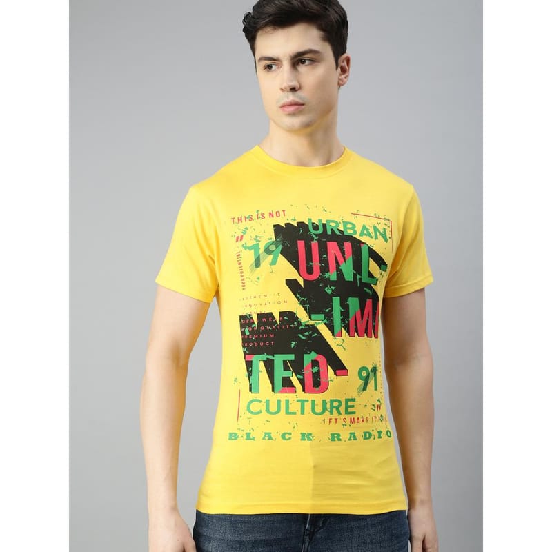 BLACK RADIO Mens Round neck Short Sleeve Graphic Printed Yellow T-Shirt