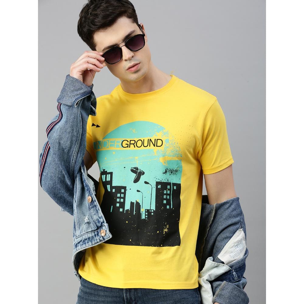 BLACK RADIO Mens Round neck Short Sleeve Graphic Printed Yellow T-Shirt