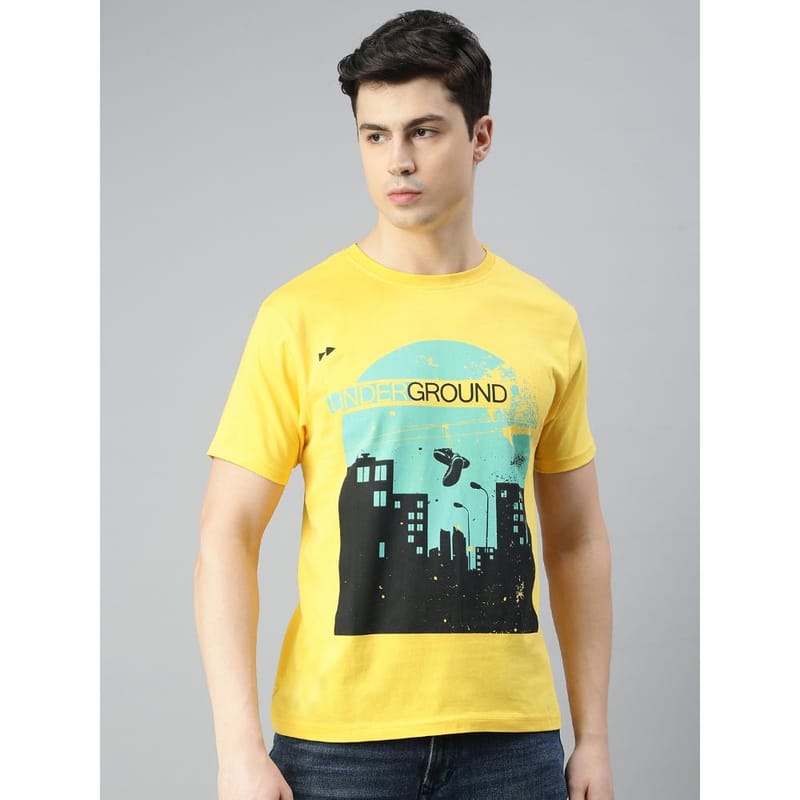 BLACK RADIO Mens Round neck Short Sleeve Graphic Printed Yellow T-Shirt