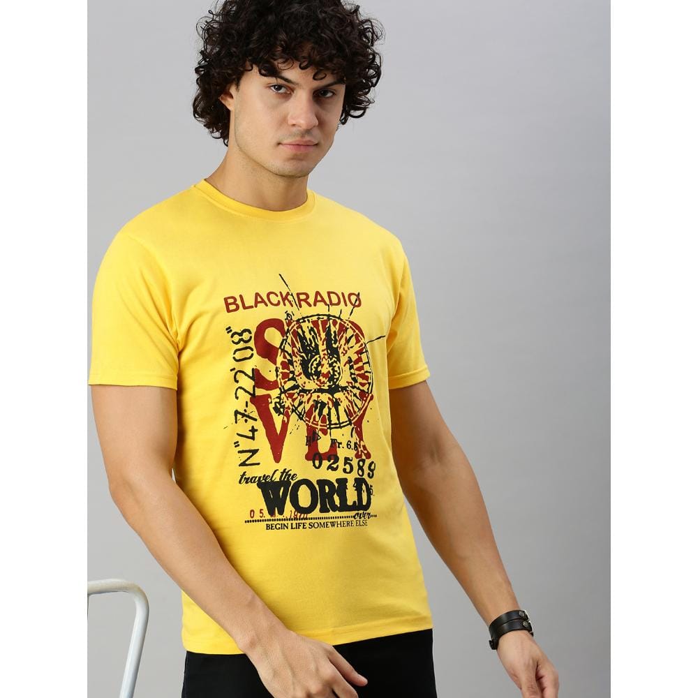 BLACK RADIO Mens Round neck Short Sleeve Graphic Printed Yellow T-Shirt