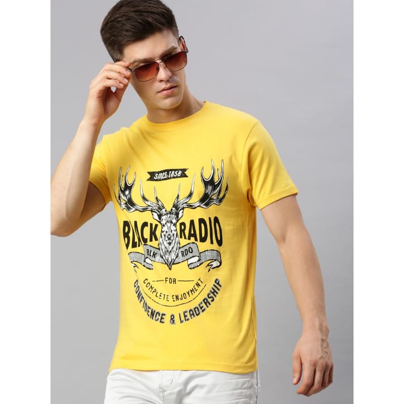 BLACK RADIO Mens Round neck Short Sleeve Graphic Printed Yellow T-Shirt