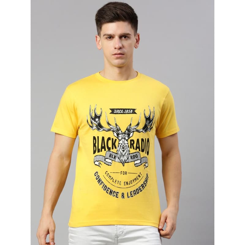 BLACK RADIO Mens Round neck Short Sleeve Graphic Printed Yellow T-Shirt