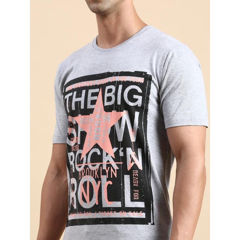 BLACK RADIO Mens Round neck Short Sleeve Graphic Printed  Grey Melange T-Shirt