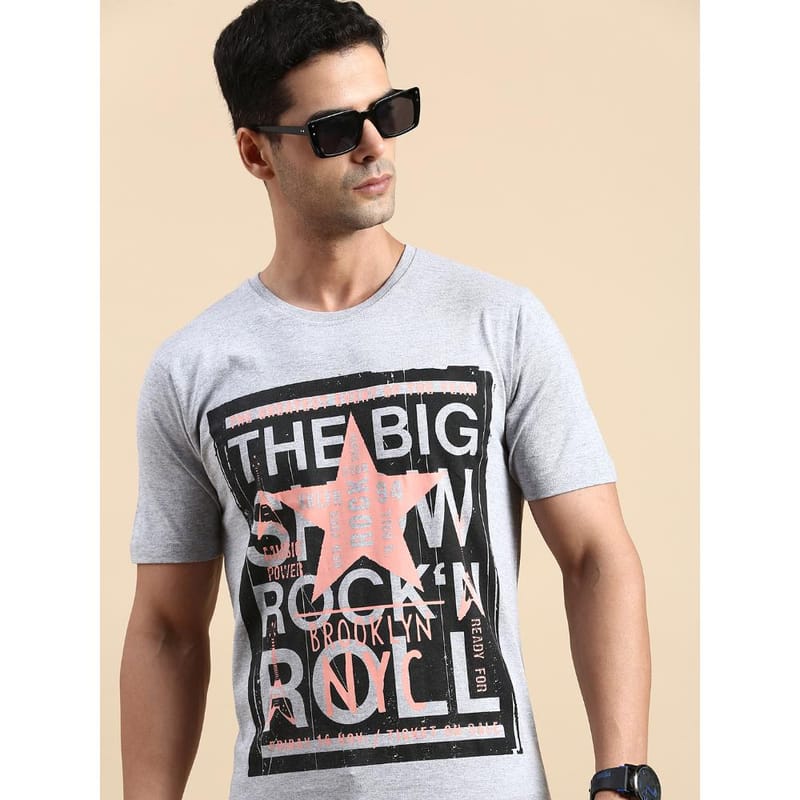 BLACK RADIO Mens Round neck Short Sleeve Graphic Printed  Grey Melange T-Shirt