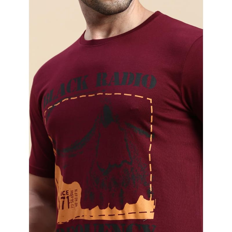 BLACK RADIO Mens Round neck Short Sleeve Graphic Printed Maroon T-Shirt