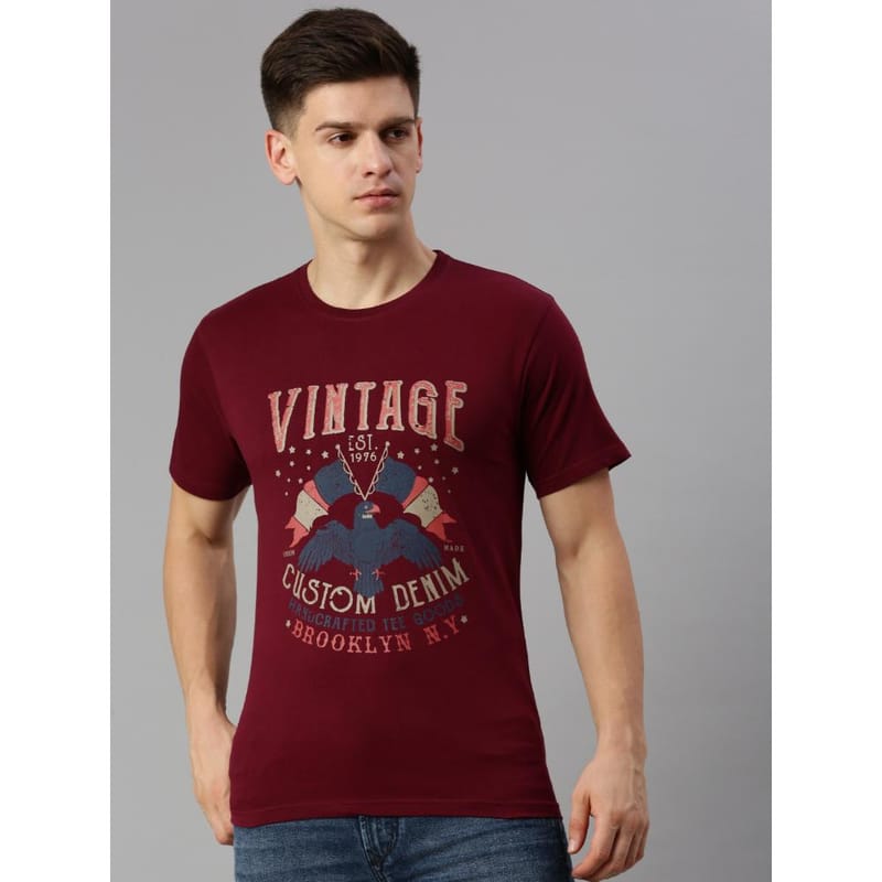 BLACK RADIO Mens Round neck Short Sleeve Graphic Printed Maroon T-Shirt